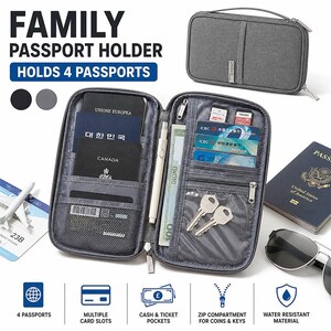 Familien-Passhülle für 4 Pässe | Reisebrieftasche mit Kartenfächern, Geldscheinfach und Reißverschlussfach | Passorganizer