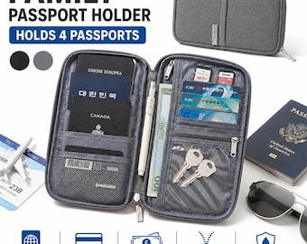 Family Passport Holder for 4 Passports | Travel Wallet with Card Slots, Cash Pocket & Zip Compartment | Passport Organiser