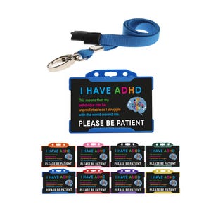 I Have ADHD Awareness Hidden Disability Black Printed Plastic Cards With Card Holders and Plain Lanyards (Choose Your Colour)