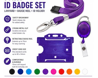 3-delige ID-badgeset | Lanyard, oprolbare badgehouder en creditcardhouder | 10 mm metalen cliplanyard, klaar voor uw gepersonaliseerde personeels-ID