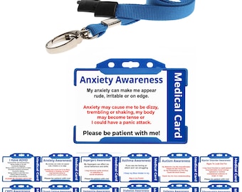 Anxiety Awareness Medical Card with Blue Lanyard & Holder