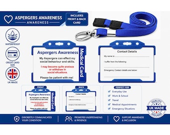 Asperger's Awareness Medical Alert Card | Hidden Disability ID Card | Asperger's Emergency Contact Card | Blue Lanyard & Waterproof Holder