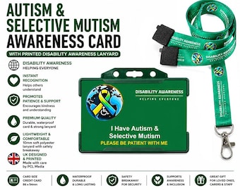 Tarjeta de discapacidad invisible para mutismo selectivo y autismo y cordón impreso de concienciación mundial sobre la discapacidad / credencial de alerta médica / Fabricado en el Reino Unido
