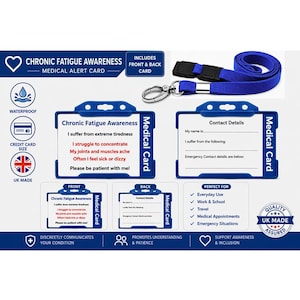 Chronic Fatigue (ME/CFS) Medical Alert Card | Hidden Disability ID Card | Emergency Contact Card | Blue Lanyard & Waterproof Holder image 1
