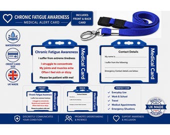 Chronic Fatigue (ME/CFS) Medical Alert Card | Hidden Disability ID Card | Emergency Contact Card | Blue Lanyard & Waterproof Holder