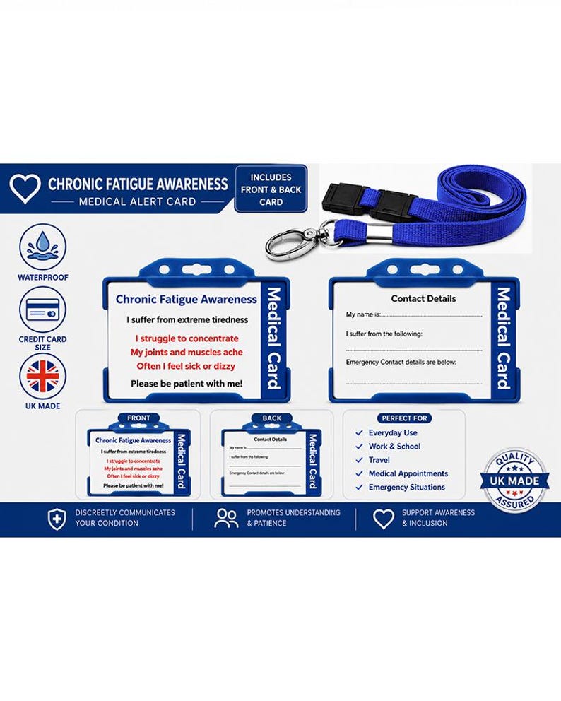Chronic Fatigue (ME/CFS) Medical Alert Card | Hidden Disability ID Card | Emergency Contact Card | Blue Lanyard & Waterproof Holder image 1