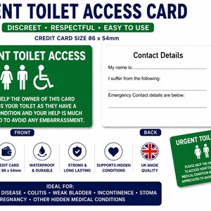 Urgent Toilet Access Card | Weak Bladder Medical Card | IBS Crohn's Colitis Toilet Pass | Incontinence Restroom Access | Plastic Wallet Card Green Badge Only