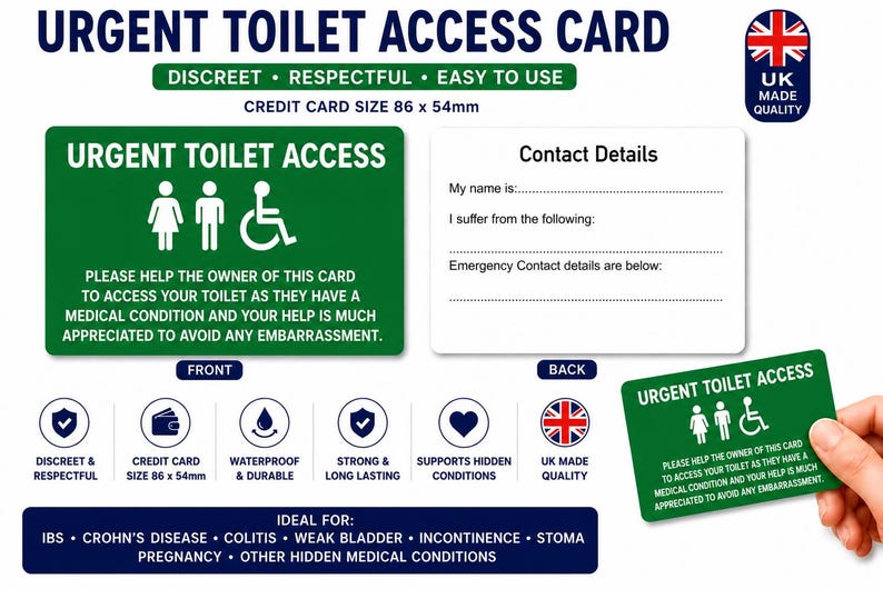 Urgent Toilet Access Card | Weak Bladder Medical Card | IBS Crohn's Colitis Toilet Pass | Incontinence Restroom Access | Plastic Wallet Card Green Badge Only