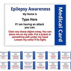 Epilepsy Awareness Disability ID Card Personalised With Your Name and Emergency Contact Number