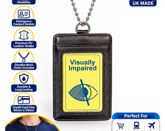 Tarjeta de alerta para personas con discapacidad visual / Tarjeta de identificación para personas con discapacidad invisible / Tarjeta de concienciación sobre la ceguera / Soporte de piel sintética y cadena para el cuello