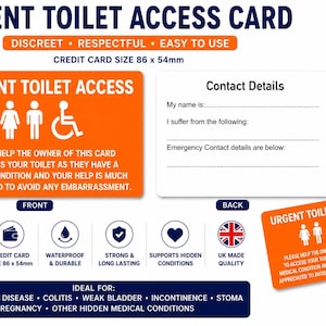 Urgent Toilet Access Card | Weak Bladder Medical Card | IBS Crohn's Colitis Toilet Pass | Incontinence Restroom Access | Plastic Wallet Card Orange Badge Only
