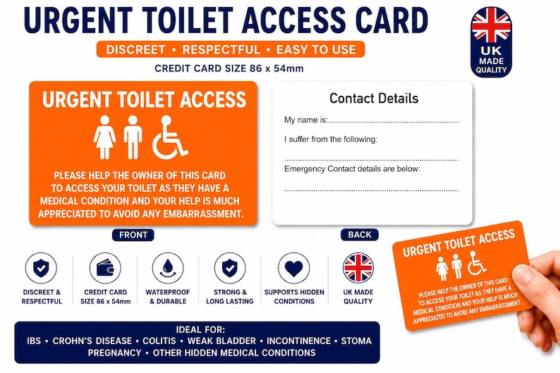 Urgent Toilet Access Card | Weak Bladder Medical Card | IBS Crohn's Colitis Toilet Pass | Incontinence Restroom Access | Plastic Wallet Card Orange Badge Only