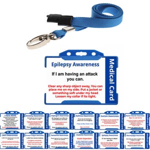 Carte médicale d'identité pour personnes handicapées de sensibilisation à l'épilepsie - avec cordon bleu pour personnes handicapées et support bleu pour carte d'identité pour votre handicap caché