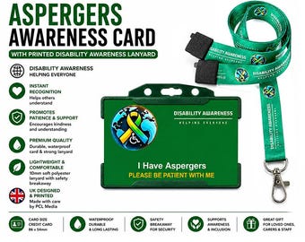 Tarjeta de discapacidad oculta del síndrome de Asperger y cordón impreso de concienciación mundial sobre la discapacidad / Insignia de identificación de alerta médica / Fabricado en el Reino Unido