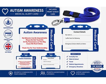 Autism Awareness Medical Alert Card | Hidden Disability ID Card | Autism Emergency Contact Card | Blue Lanyard & Waterproof Holder