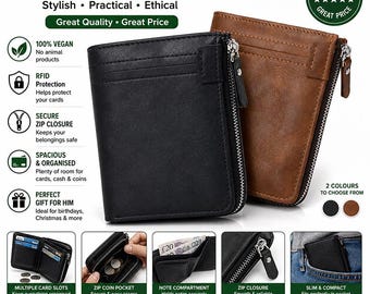 Cartera vegana para hombre con protección RFID y cierre de cremallera. Gran calidad y precio.