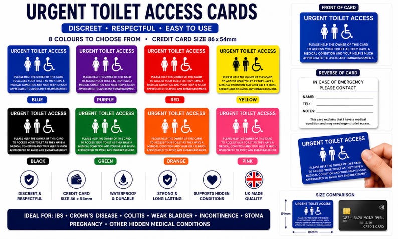 Urgent Toilet Access Card | Weak Bladder Medical Card | IBS Crohn's Colitis Toilet Pass | Incontinence Restroom Access | Plastic Wallet Card image 2