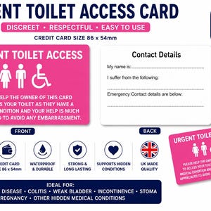 Urgent Toilet Access Card | Weak Bladder Medical Card | IBS Crohn's Colitis Toilet Pass | Incontinence Restroom Access | Plastic Wallet Card Pink Badge Only