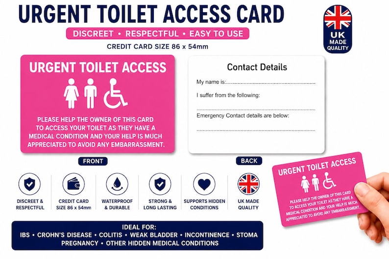 Urgent Toilet Access Card | Weak Bladder Medical Card | IBS Crohn's Colitis Toilet Pass | Incontinence Restroom Access | Plastic Wallet Card Pink Badge Only