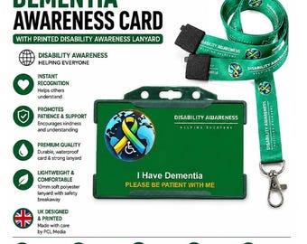 Dementia Hidden Disability Card and Printed World Disability Awareness Lanyard, Alzheimer's Medical Alert ID Badge, UK Made