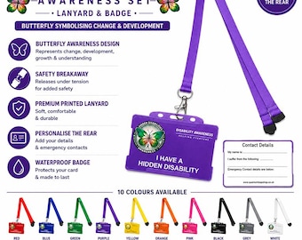 Hidden Disability Awareness Butterfly Badge & Plain Lanyard | Disability ID Card | Contact Details | Choose Your Colour