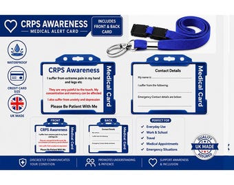 CRPS Awareness Medical Alert Card | Complex Regional Pain Syndrome ID Card | Hidden Disability Emergency Contact Card | Blue Lanyard