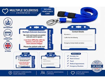 Multiple Sclerosis Awareness Medical Alert Card | Hidden Disability ID Card | MS Emergency Contact Card | Blue Lanyard & Waterproof Holder
