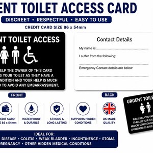 Urgent Toilet Access Card | Weak Bladder Medical Card | IBS Crohn's Colitis Toilet Pass | Incontinence Restroom Access | Plastic Wallet Card image 9