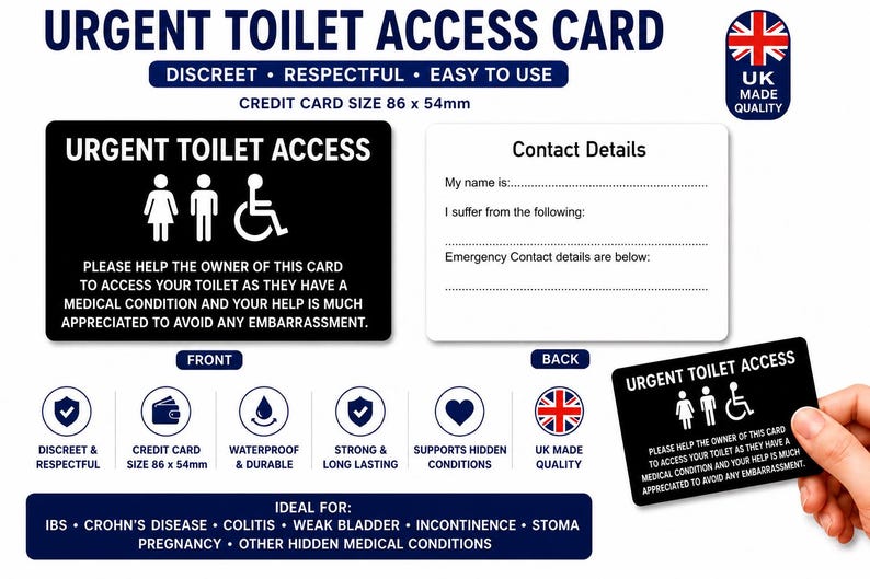 Urgent Toilet Access Card | Weak Bladder Medical Card | IBS Crohn's Colitis Toilet Pass | Incontinence Restroom Access | Plastic Wallet Card image 9