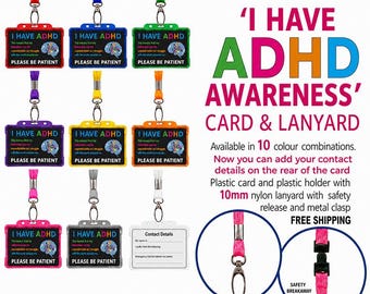 ADHD Awareness Card Black Design | Hidden Disability ID Card | Neurodivergent Support | Choice of Colour Lanyard and Holders