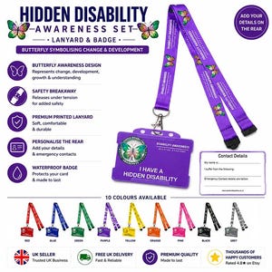 Hidden Disability Printed Lanyard & Badge Butterfly Symbolising Change and Development. * Colours to choose from