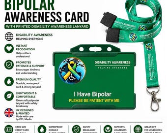Tarjeta de discapacidad oculta por trastorno bipolar y cordón impreso con el lema de concienciación mundial sobre la discapacidad / Insignia de identificación de alerta médica / Fabricado en el Reino Unido