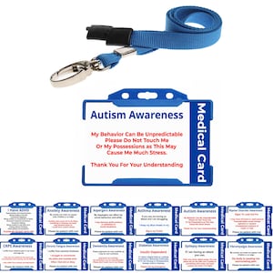 Carte d'identité médicale pour personnes handicapées de sensibilisation à l'autisme - avec cordon bleu et support bleu pour carte d'identité