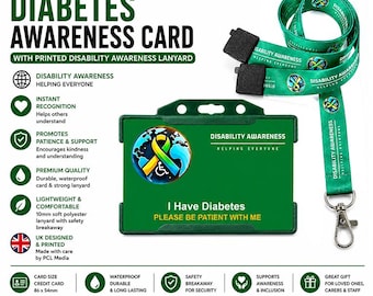 Tarjeta de discapacidad invisible por diabetes y cordón impreso de concienciación mundial sobre la discapacidad / Insignia de identificación de alerta médica / Fabricado en el Reino Unido
