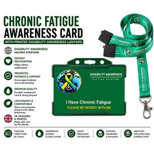 Tarjeta de discapacidad oculta por fatiga crónica y cordón impreso de concienciación mundial sobre la discapacidad / credencial de alerta médica / Hecho en el Reino Unido