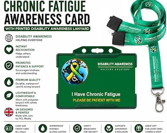 Tarjeta de discapacidad oculta por fatiga crónica y cordón impreso de concienciación mundial sobre la discapacidad / credencial de alerta médica / Hecho en el Reino Unido