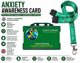 Tarjeta de discapacidad invisible para la ansiedad y cordón impreso de concienciación / Insignia de identificación de alerta médica / Tarjeta de discapacidad invisible / Fabricado en el Reino Unido