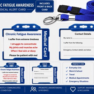 Chronic Fatigue (ME/CFS) Medical Alert Card | Hidden Disability ID Card | Emergency Contact Card | Blue Lanyard & Waterproof Holder image 2