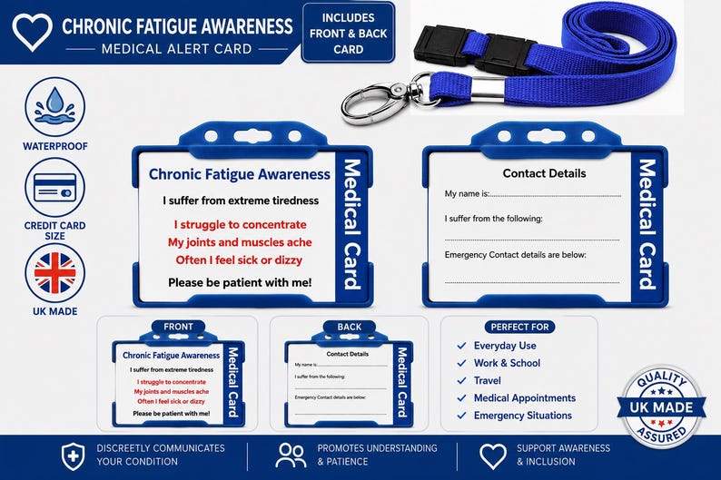 Chronic Fatigue (ME/CFS) Medical Alert Card | Hidden Disability ID Card | Emergency Contact Card | Blue Lanyard & Waterproof Holder image 2