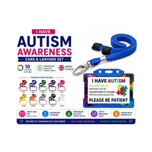 Autism Awareness Card, Plastic Card with Holder and Lanyard. Choose your colour