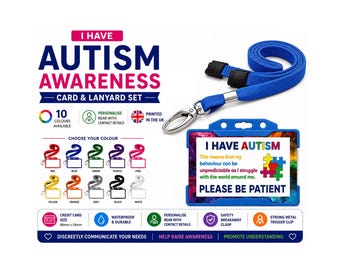 Autism Awareness Card, Plastic Card with Holder and Lanyard. Choose your colour