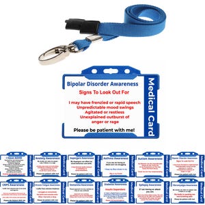 Carte d'identité pour personnes handicapées avec sensibilisation au trouble bipolaire - avec cordon bleu et porte-cartes d'identité bleu J'ai un problème de santé caché