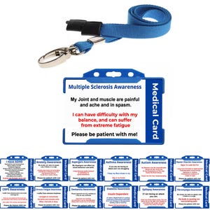 Tarjeta médica de identificación por discapacidad para concientización sobre la esclerosis múltiple (con cordón azul y soporte para tarjeta I azul) Tengo una condición de salud discapacitada oculta