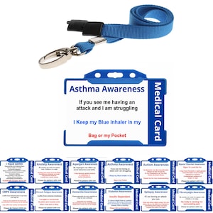 Tarjetas médicas de concientización sobre el asma y concientización sobre discapacidades ocultas: con cordón azul y soporte azul para tarjeta de identificación Tengo una discapacidad oculta