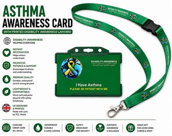 Tarjeta de discapacidad invisible por asma y cordón impreso de concienciación / Insignia de identificación de alerta médica / Tarjeta de discapacidad invisible / Fabricado en el Reino Unido