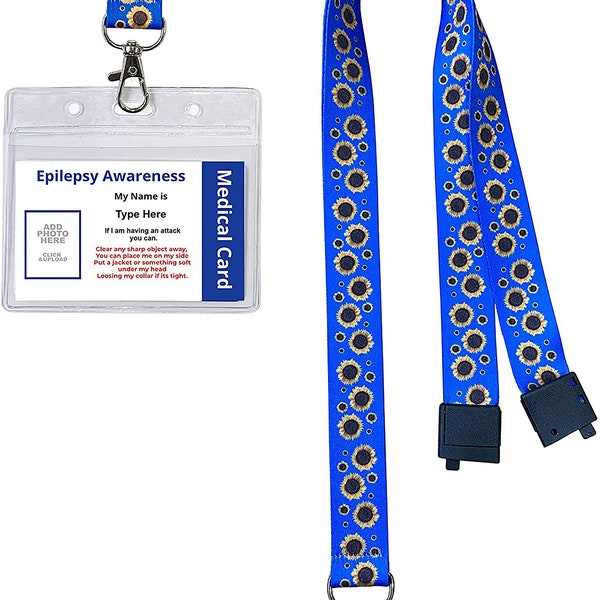 Personalised Plastic Epilepsy Awareness Disability ID Card - with Blue Sunflower Lanyard & Clear ID Card Pocket