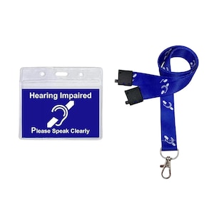 Hearing Impaired Awareness Hidden Disability Card Medical - With Blue Printed Lanyard & Clear Waterproof ID Card Pocket