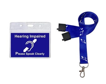 Hearing Impaired Awareness Hidden Disability Card Medical - With Blue Printed Lanyard & Clear Waterproof ID Card Pocket