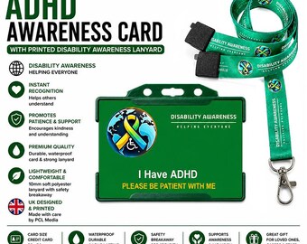Tarjeta de discapacidad oculta por TDAH y cordón impreso de concienciación mundial sobre la discapacidad / credencial de identificación de alerta médica / tarjeta de discapacidad invisible / Hecho en el Reino Unido