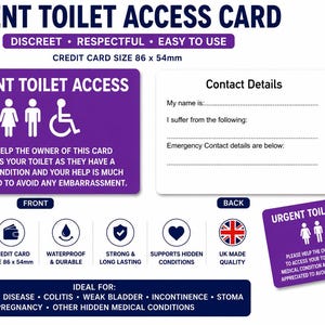 Urgent Toilet Access Card | Weak Bladder Medical Card | IBS Crohn's Colitis Toilet Pass | Incontinence Restroom Access | Plastic Wallet Card Purple Badge Only